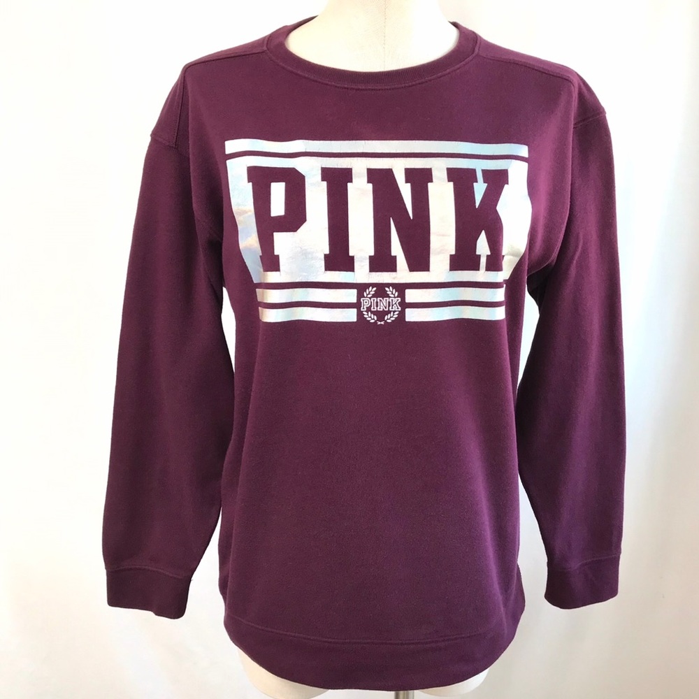 PINK Victoria's Secret Burgundy/Shiny Silver Logo Pullover Sweatshirt Size XS